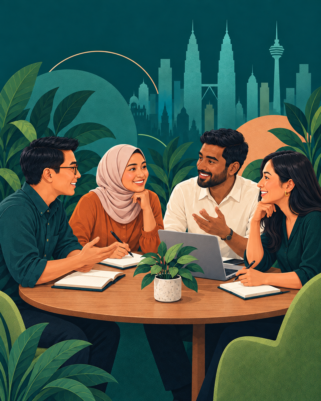 Illustration of four Malaysian colleagues exchanging ideas around a table.
